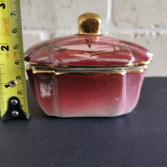 Small Storage Dish w/Lid Geometric Burgundy Gold Asian Trinkets Jewelry Box - Picture 8 of 9